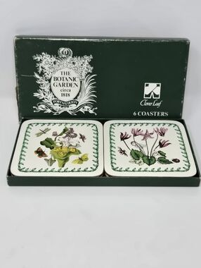 VINTAGE PORTMEIRION 6 COASTER SET WITH BOX THE BOTANIC GARDEN CLOVER LEAF CORK